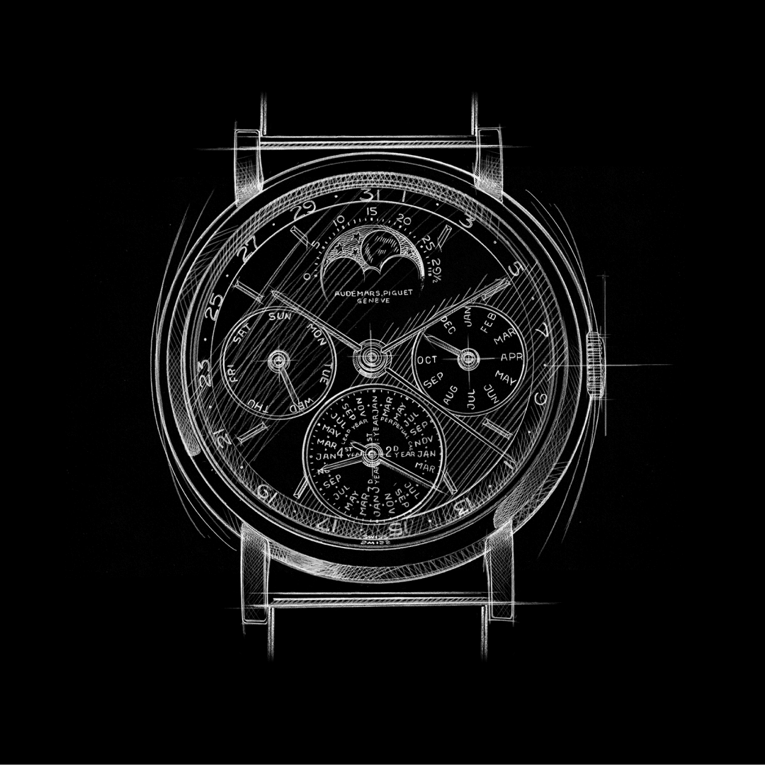 White chalk-style sketch of a round watch face showing moonphase and three calendar subdials on a black background.