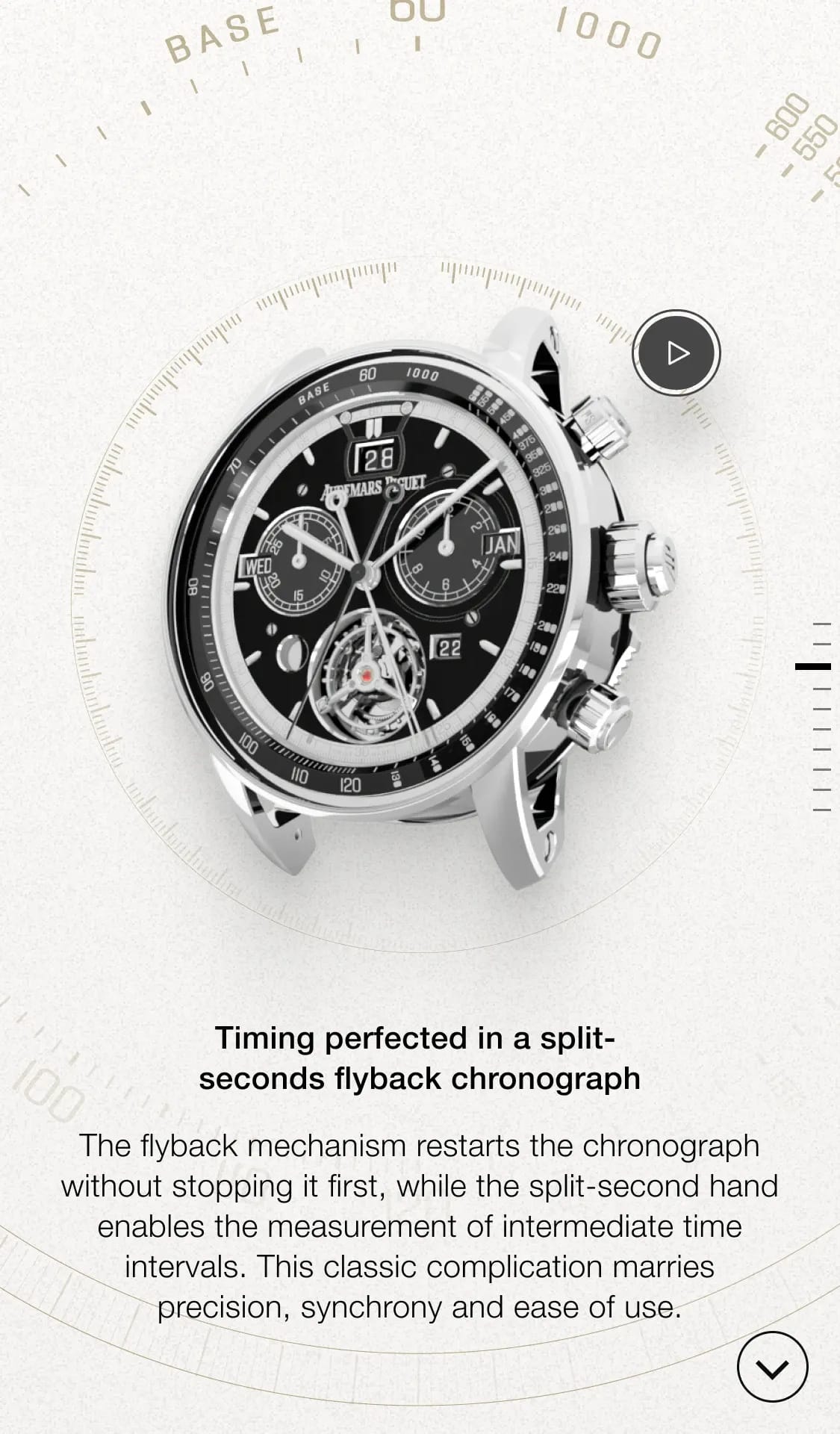 A full view of the watch face featuring three sub-dials. Text: "Timing perfected in a split-seconds flyback chronograph. The flyback mechanism restarts the chronograph without stopping it first, while the split-second hand enables the measurement of intermediate time intervals. This classic complication marries precision, synchrony and ease of use."