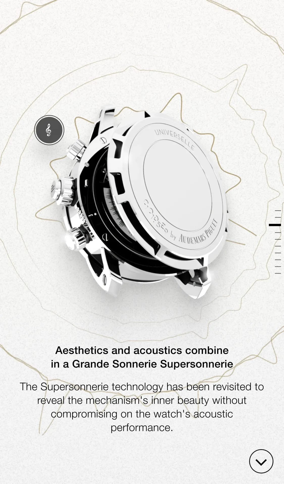 The back of a silver watch with an open caseback revealing internal components, overlaid with gold sound wave lines. Text: "Aesthetics and acoustics combine in a Grande Sonnerie Supersonnerie. The Supersonnerie technology has been revisited to reveal the mechanism's inner beauty without compromising on the watch's acoustic performance."