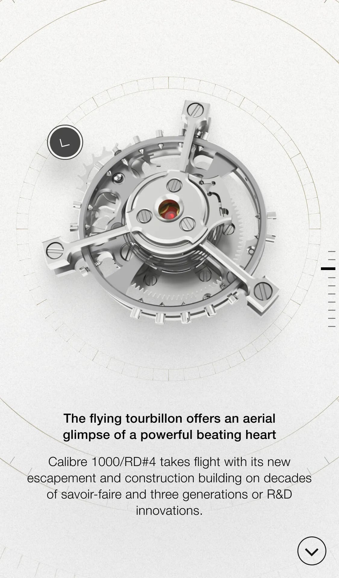 A close-up view of a silver mechanical tourbillon assembly. Text: "The flying tourbillon offers an aerial glimpse of a powerful beating heart. Calibre 1000/RD#4 takes flight with its new escapement and construction building on decades of savoir-faire and three generations of R&D innovations."