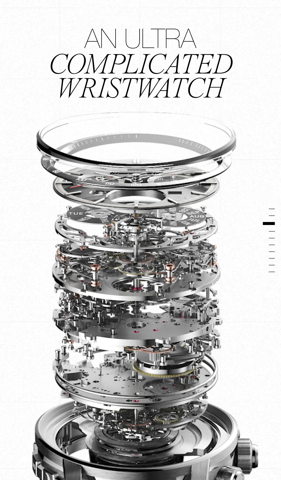 A vertical exploded view diagram showing the many layers of a watch movement. Text: "AN ULTRA COMPLICATED WRISTWATCH."