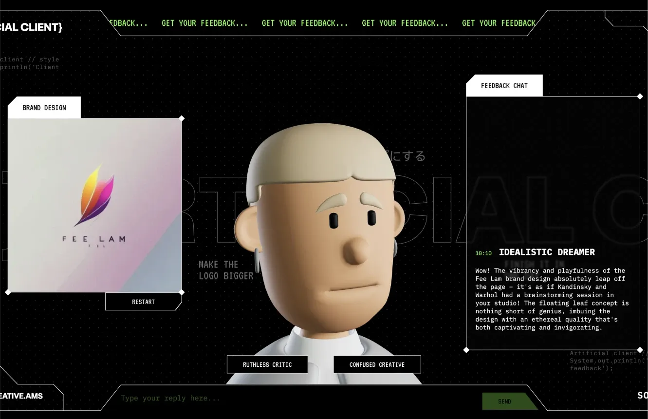 A screen capture of the interface. The center features a 3D animated figure of a man with blonde hair and a blank expression. To the left is a logo for "FEE LAM," a stylized, multi-colored feather or leaf. To the right, a chat box contains feedback from "IDEALISTIC DREAMER" that reads: "Wow! The vibrancy and playfulness of the Fee Lam brand design absolutely leap off the page - it is as if Kandinsky and Warhol had a brainstorming session in your studio! The floating leaf concept is nothing short of genius, imbuing the design with an ethereal quality that's both captivating and invigorating."