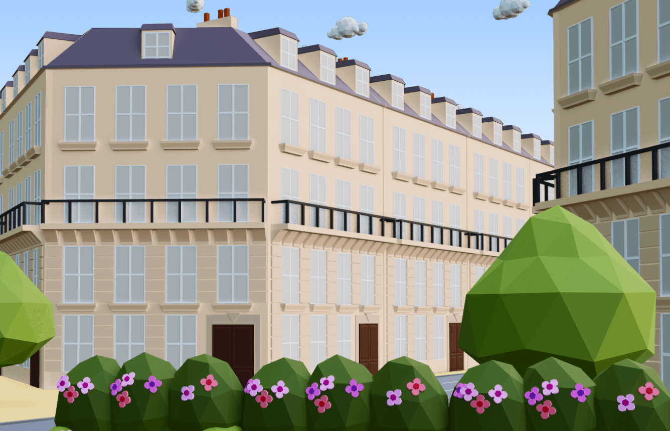 Low-poly city scene of beige Parisian-style buildings with balconies, geometric trees and flowering shrubs under a blue sky.