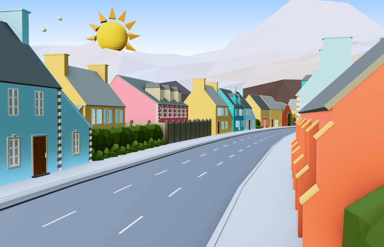 Low-poly colorful houses lining a curved empty street with mountains and a stylized sun in the sky.