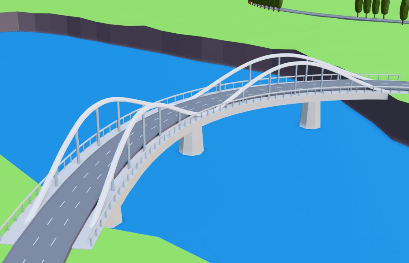 3D illustration of a white arched road bridge spanning a blue river with supporting piers and surrounding green landscape.