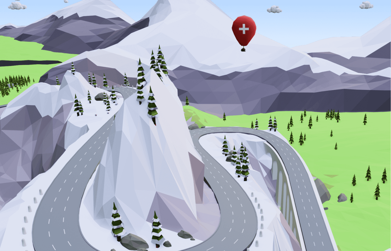 Low-poly mountain scene with winding snowy roads over a bridge, scattered pine trees, and a red hot-air balloon with a white cross.