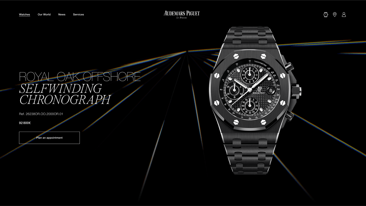 Product page shot of the black Audemars Piguet Royal Oak Offshore self-winding chronograph on black background with light streaks.