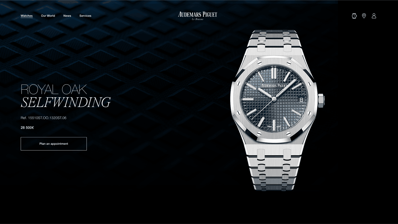 Product page shot of the Audemars Piguet Royal Oak selfwinding watch with dial beside brand text on dark geometric background.