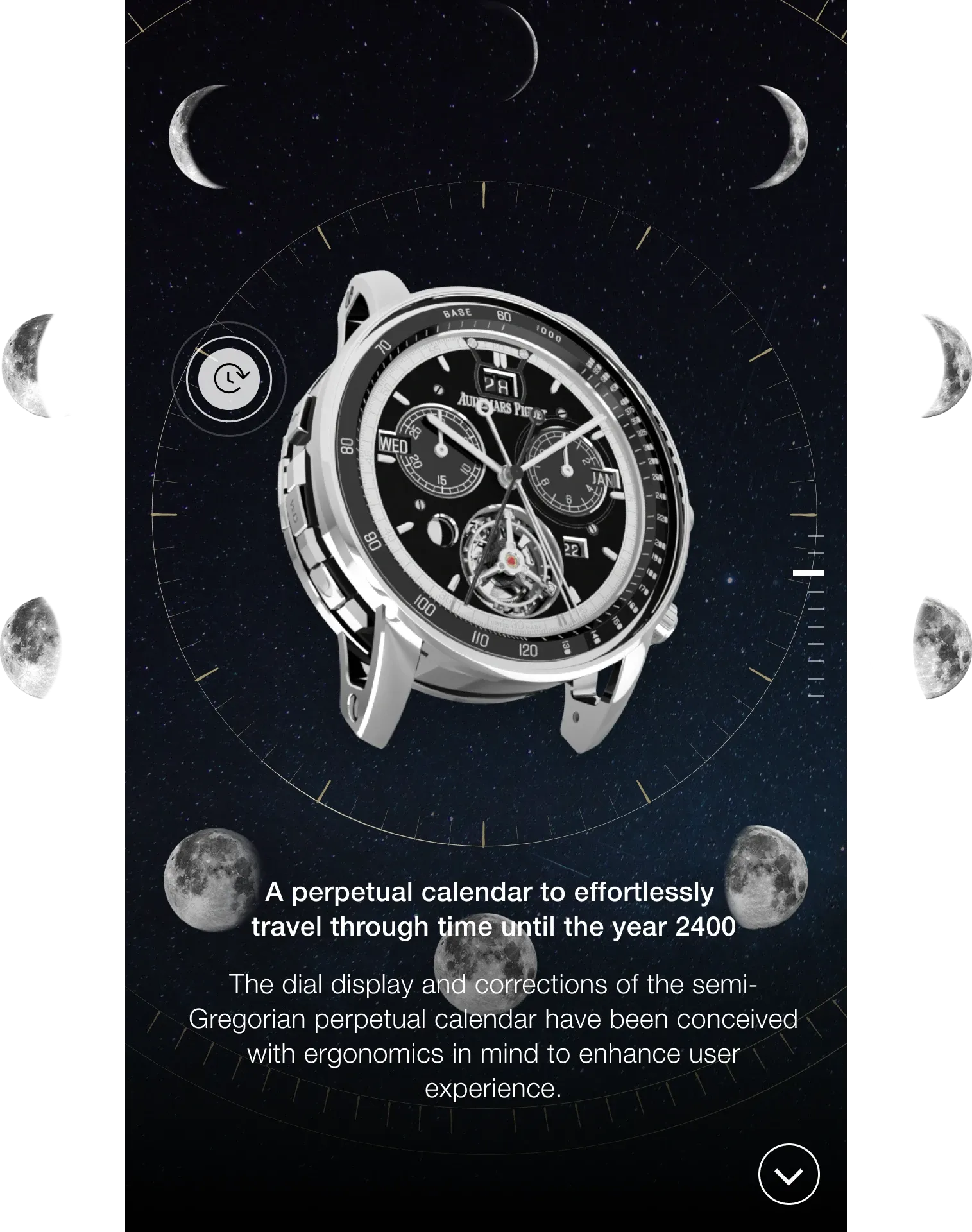 A silver watch angled against a dark, starry sky surrounded by moon phases. Text: "A perpetual calendar to effortlessly travel through time until the year 2400. The dial display and corrections of the semi-Gregorian perpetual calendar have been conceived with ergonomics in mind to enhance user experience."
