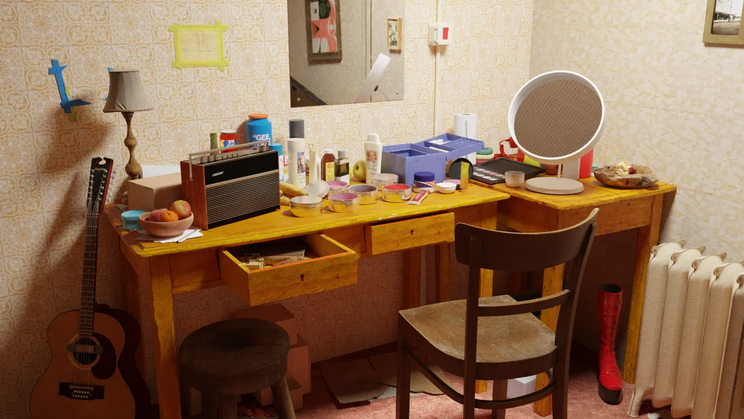 A wide shot of a dressing room setup featuring a wooden desk used as a vanity, cluttered with various cosmetics, a round mirror, and a small radio.