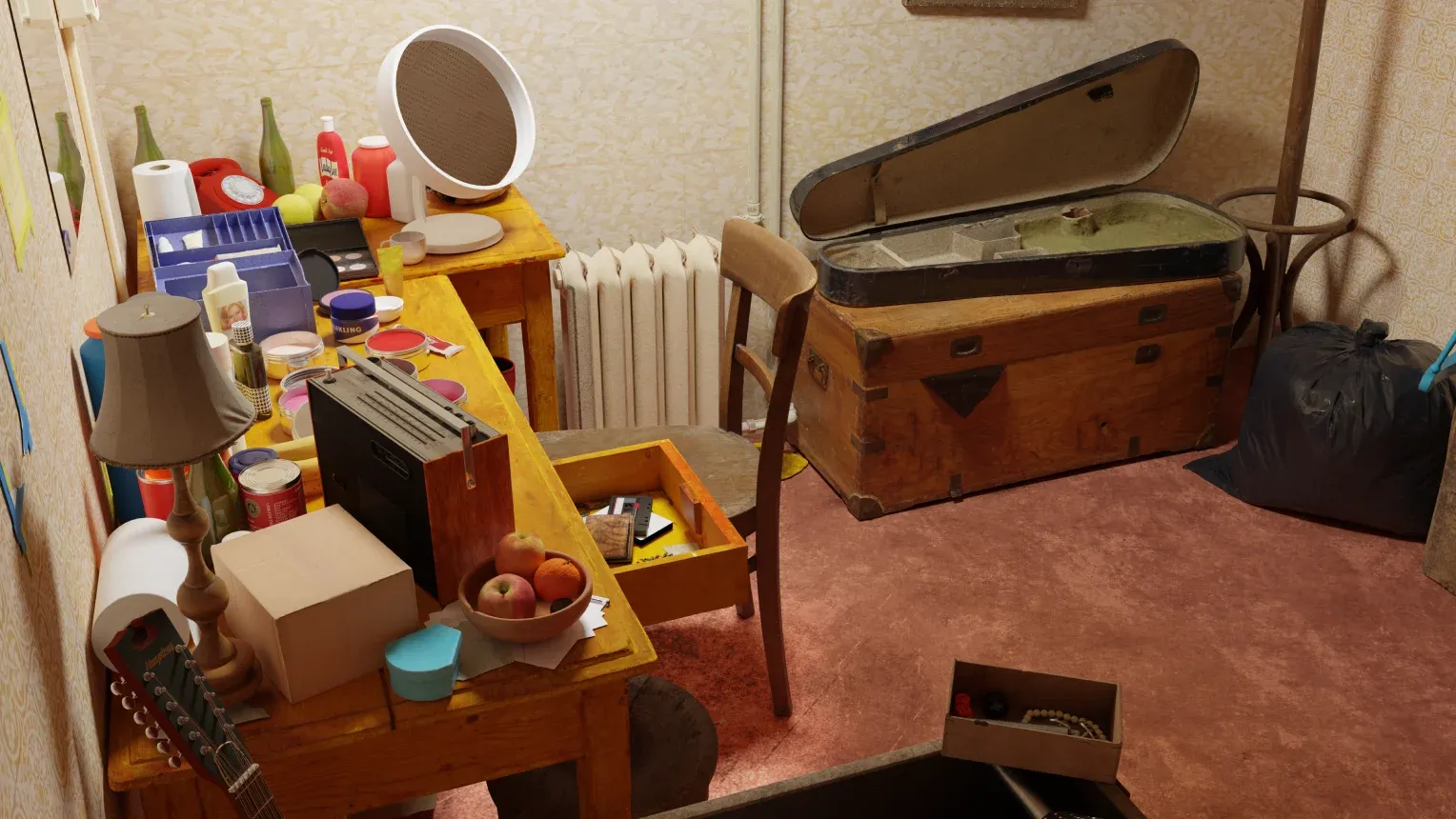 A high-angle view of a cluttered dressing room featuring a wooden vanity covered in makeup and personal items, with an open instrument trunk resting on the floor.