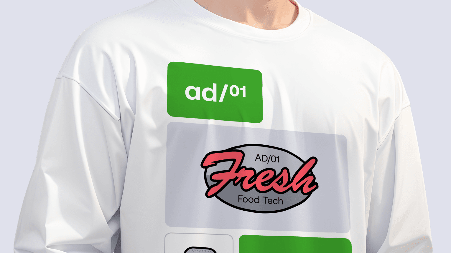 Close-up of a white long-sleeve shirt with a green "ad/01" logo and a gray panel showing a stylized red "Fresh" logo and "Fresh Food Tech" text.
