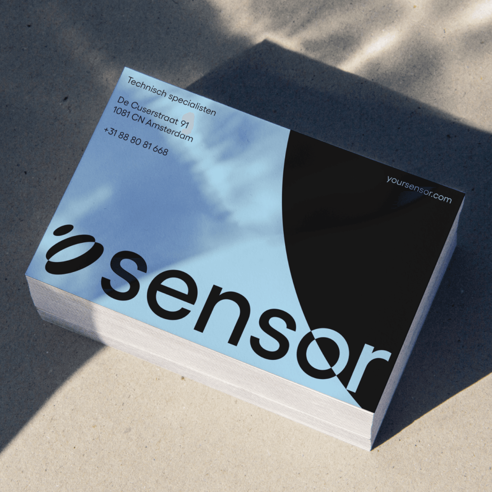 Stack of light-blue business cards labeled sensor with a black semicircle logo and contact details, resting on sunlit concrete with soft shadows.