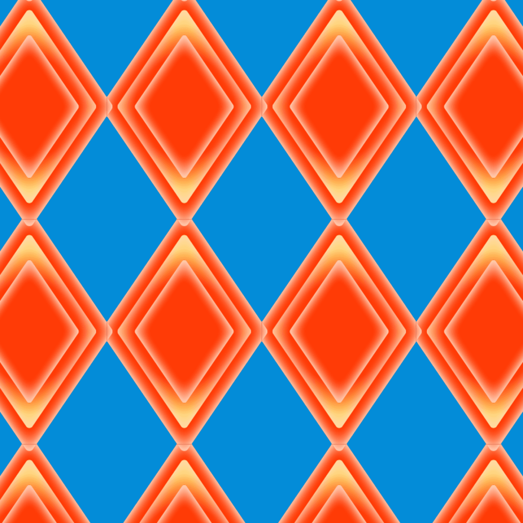 A repetitive geometric pattern featuring orange and yellow diamonds centered within a vibrant blue grid.