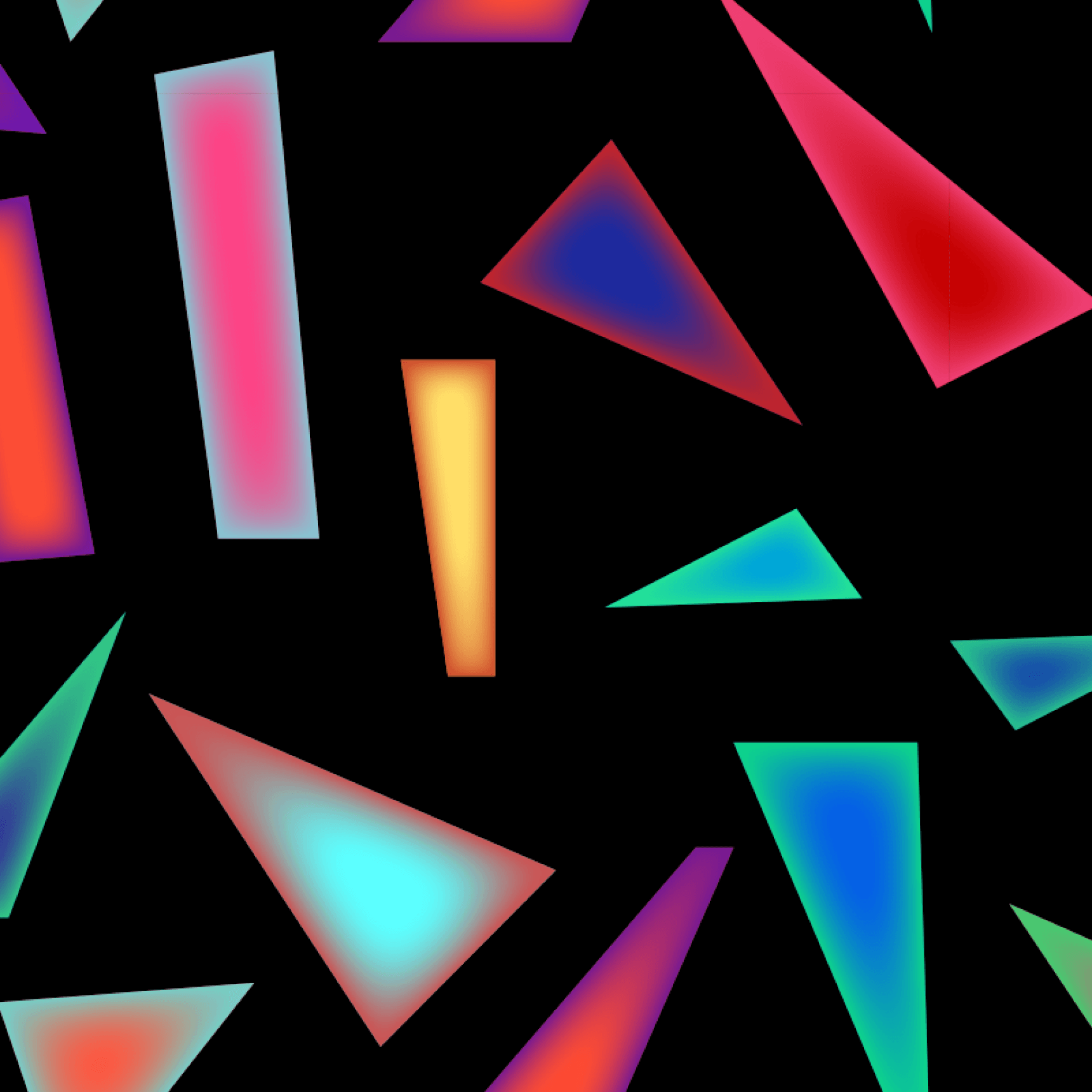 A dark background scattered with glowing, neon-colored geometric shapes like triangles and rectangles in shades of pink, blue, and green.