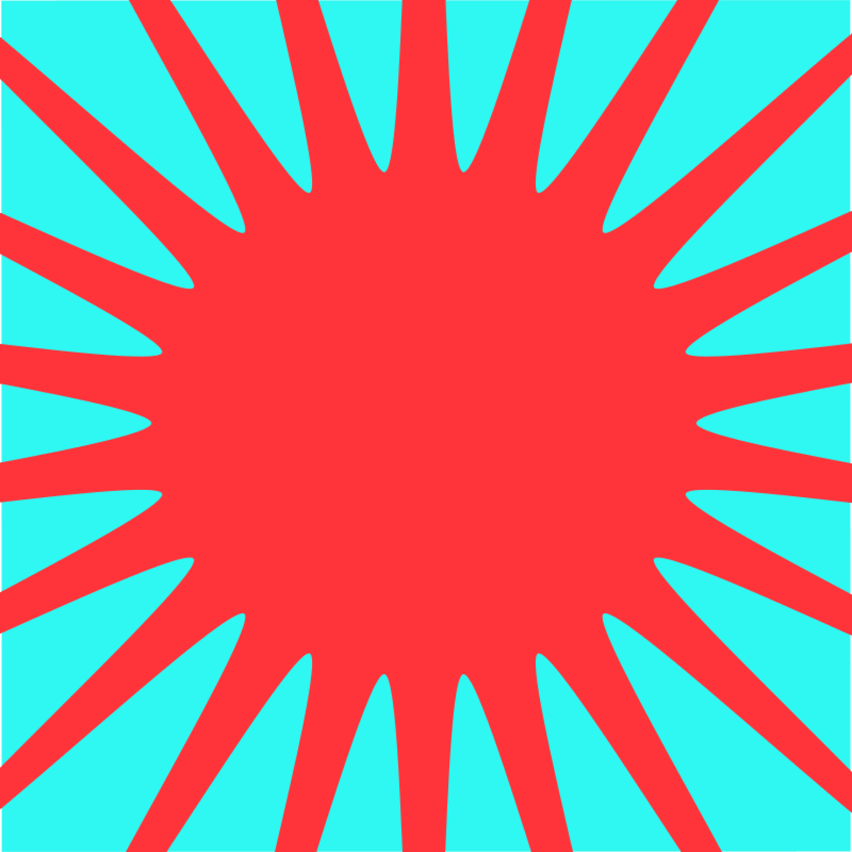 A bold sunburst design with a large red circular center and radiating sharp rays against a bright teal background.
