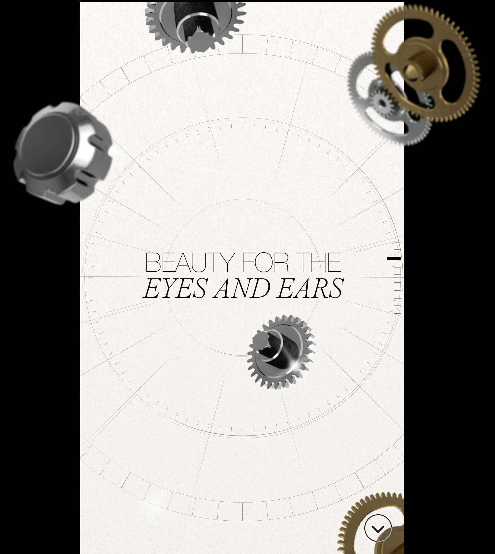 Floating 3D gears and a watch crown on a white background with circular line art. Text: "BEAUTY FOR THE EYES AND EARS."