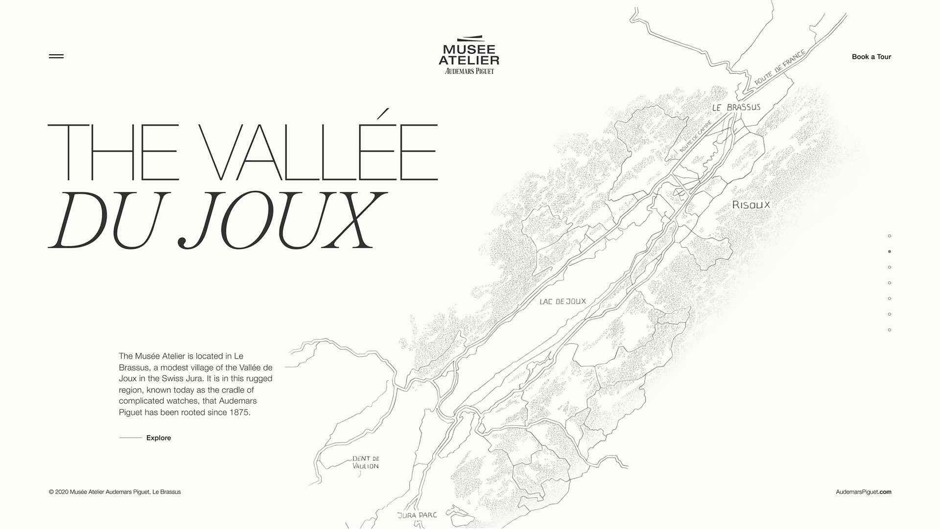 Monochrome map poster of the Vallée de Joux showing a detailed valley map, large title "THE VALLÉE DU JOUX" and Musée Atelier logo.