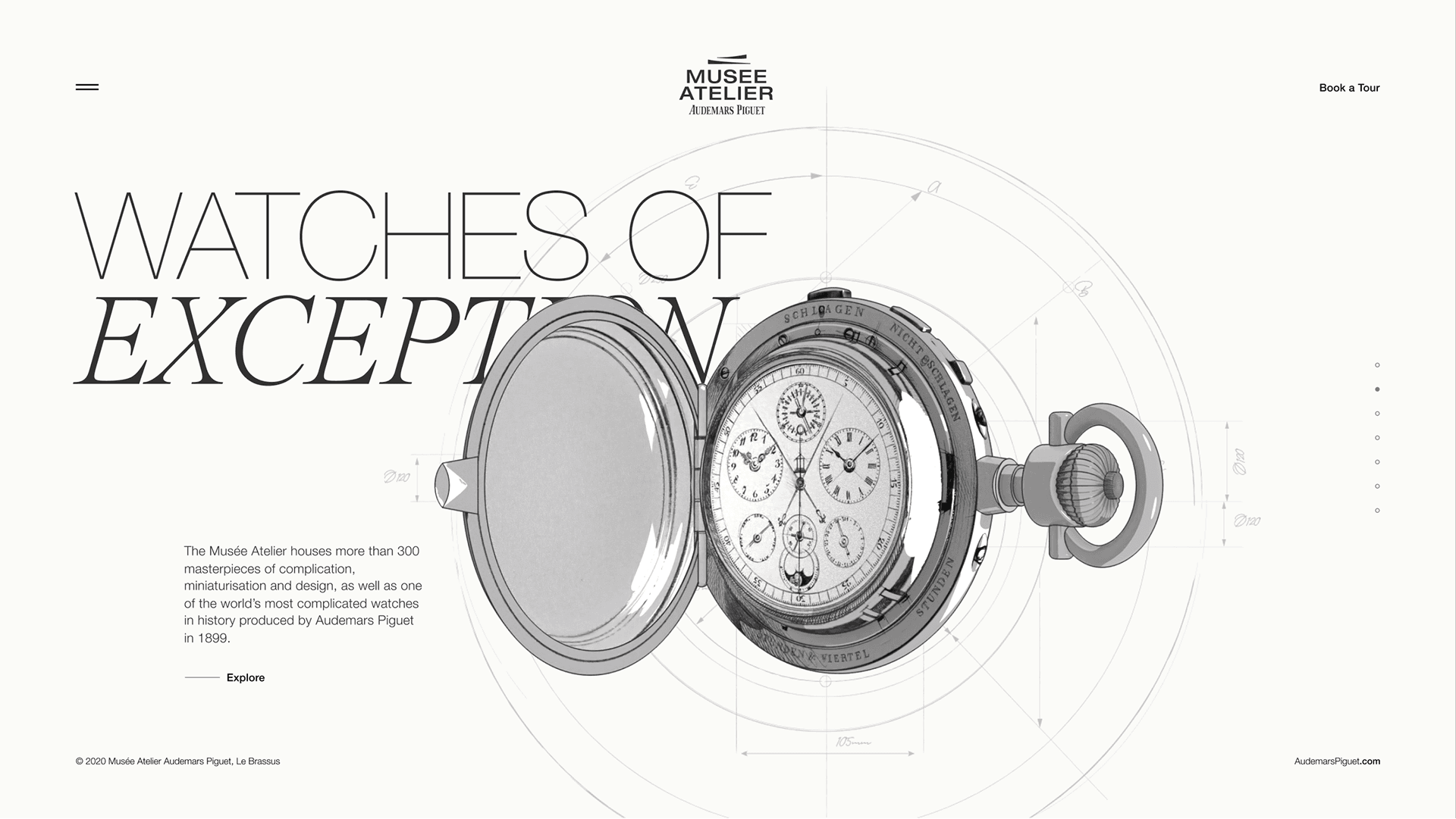Webpage view of an open antique pocket watch illustration over technical blueprint lines with Watches of Exception heading.