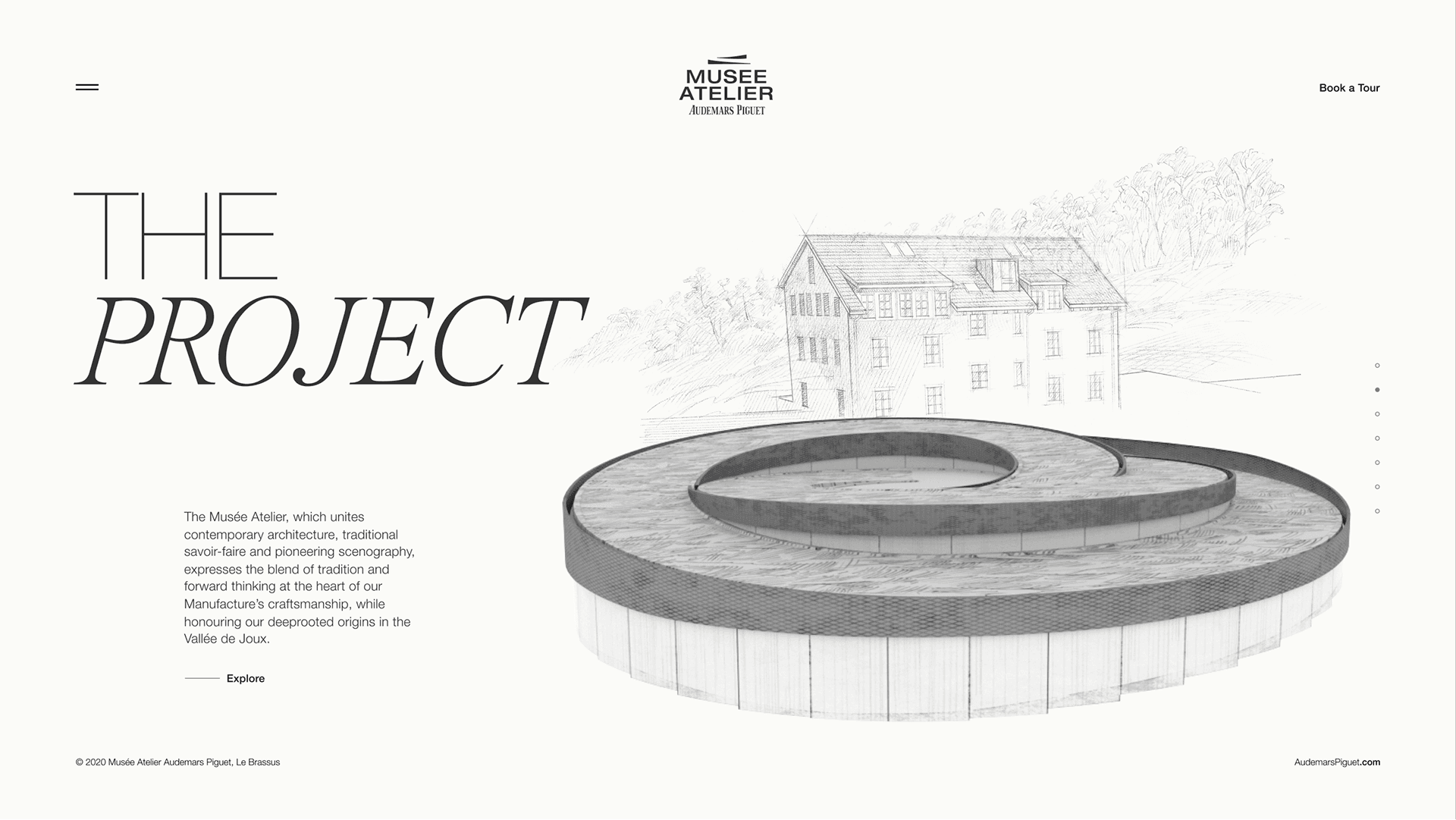 Monochrome architectural rendering of a spiral-ring museum in foreground, sketched house and hillside behind, large 'THE PROJECT' title left