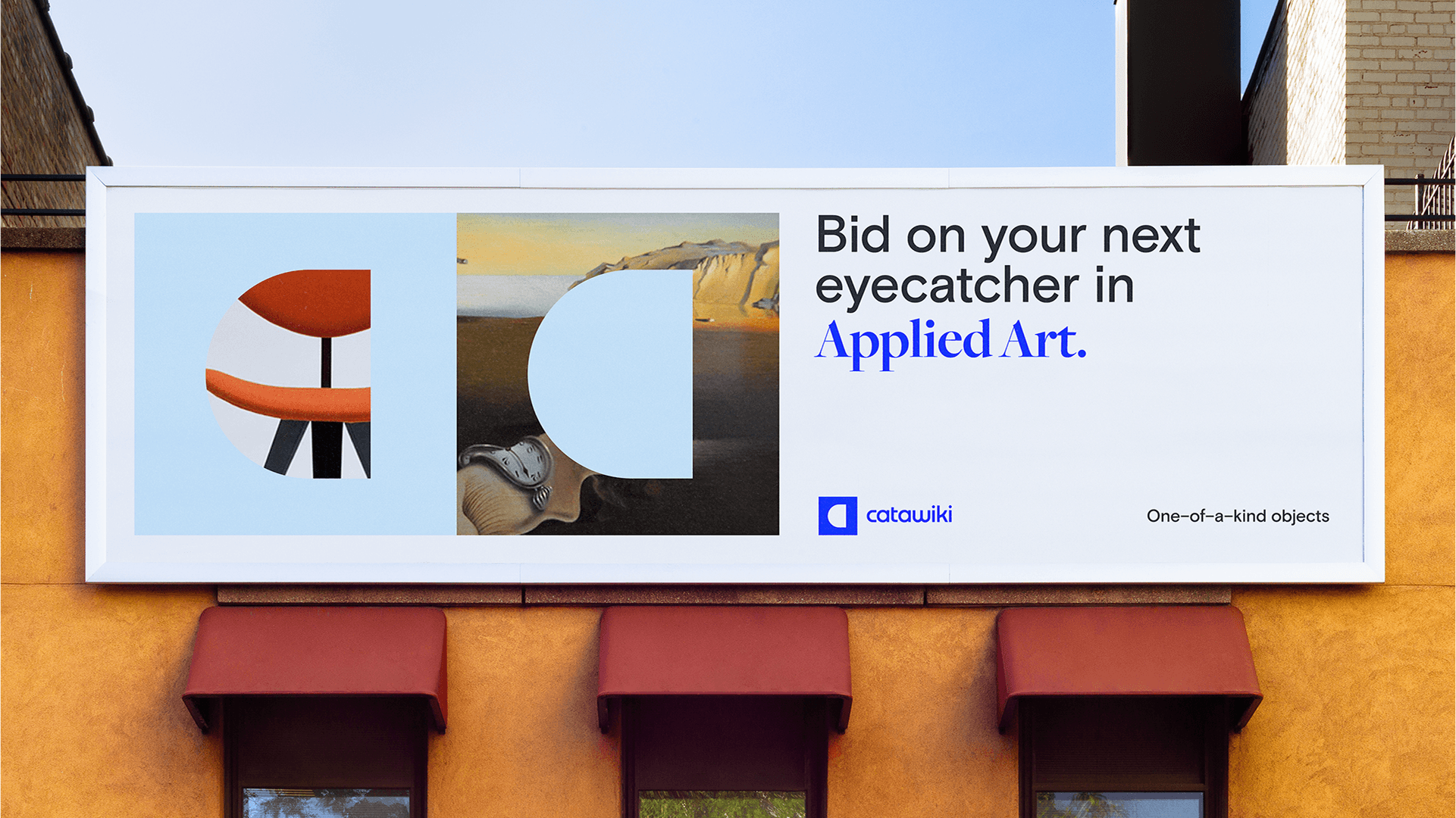 Billboard on an orange building: abstract art collage and text "Bid on your next eyecatcher in Applied Art" with Catawiki logo.