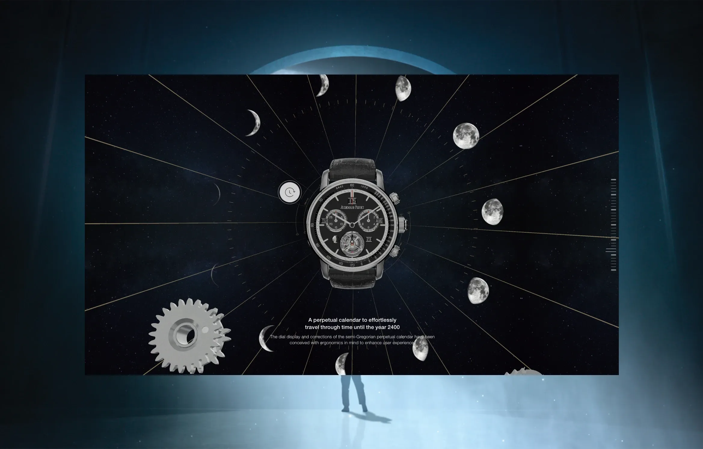 A desktop view of an Audemars Piguet watch against a dark, starry night sky background. Thin gold lines radiate from the watch toward various moon phases arranged in a circle. In the bottom left, a single silver gear is visible. The text at the bottom reads: "A perpetual calendar to effortlessly travel through time until the year 2400. The dial display and corrections of the semi-Gregorian perpetual calendar have been conceived with ergonomics in mind to enhance user experience."