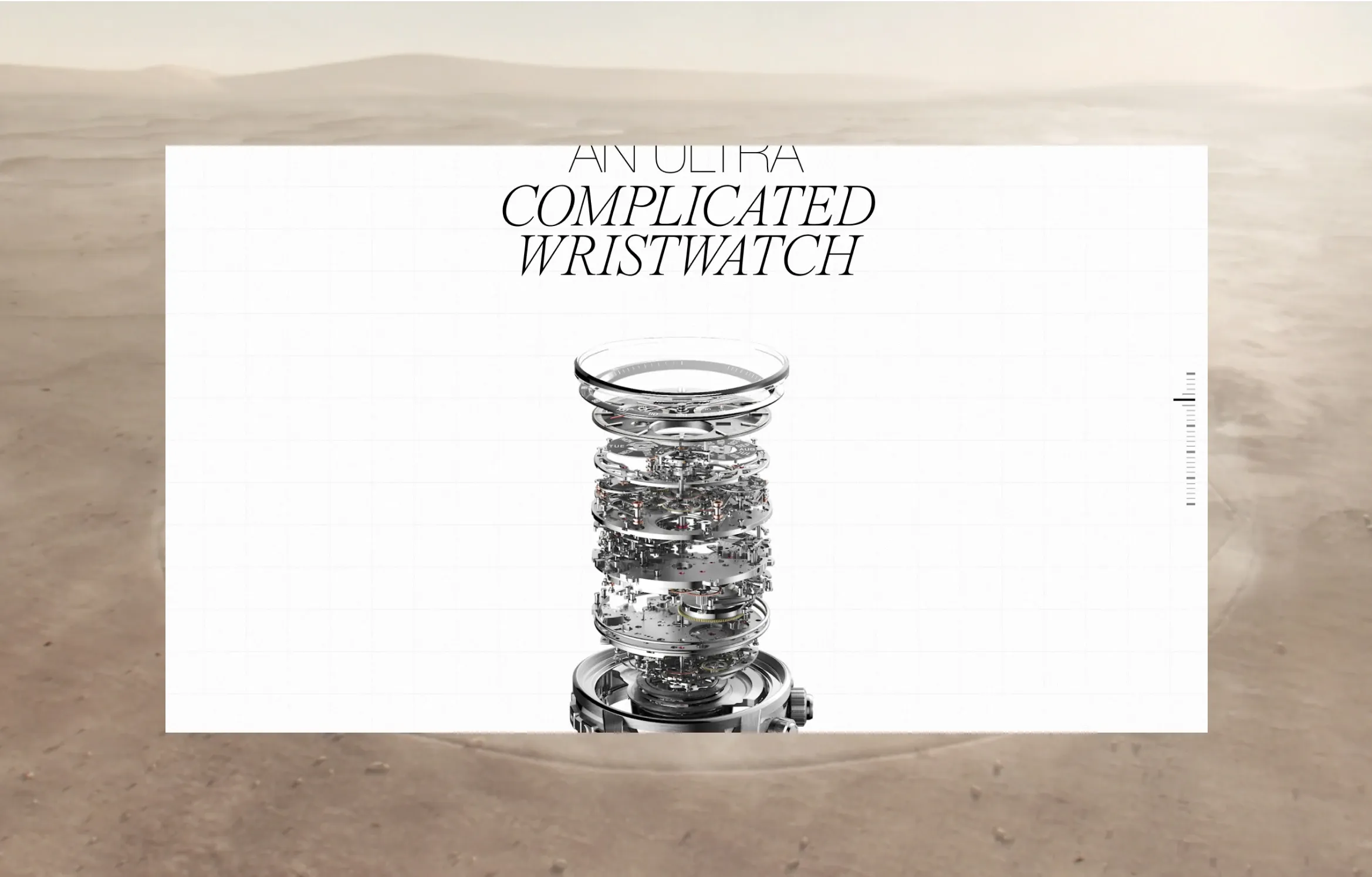 A desktop design layout showing a vertical "exploded" view of a watch movement, revealing the intricate internal layers of gears and plates. The assembly is centered on a white technical grid background against a blurry desert landscape. The text at the top reads: "AN ULTRA COMPLICATED WRISTWATCH".