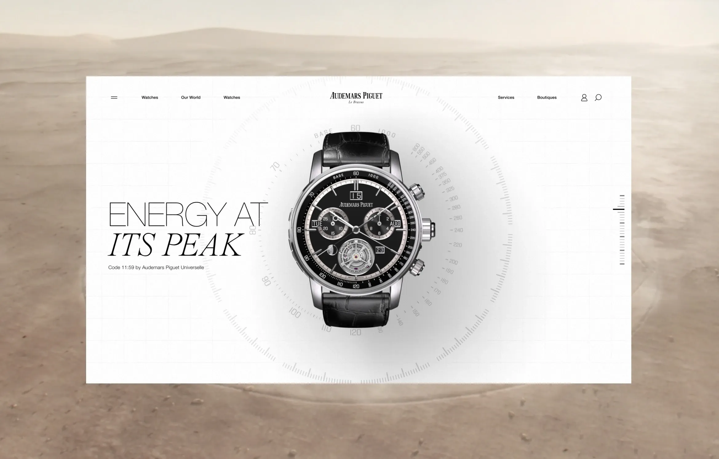 A horizontal website layout for Audemars Piguet showing a black-dial wristwatch with a leather strap centered over a technical white grid with circular scale markings. To the left, large text reads "ENERGY AT ITS PEAK" followed by the smaller subtext, "Code 11.59 by Audemars Piguet Universelle". The background shows a blurry, light-colored desert landscape.