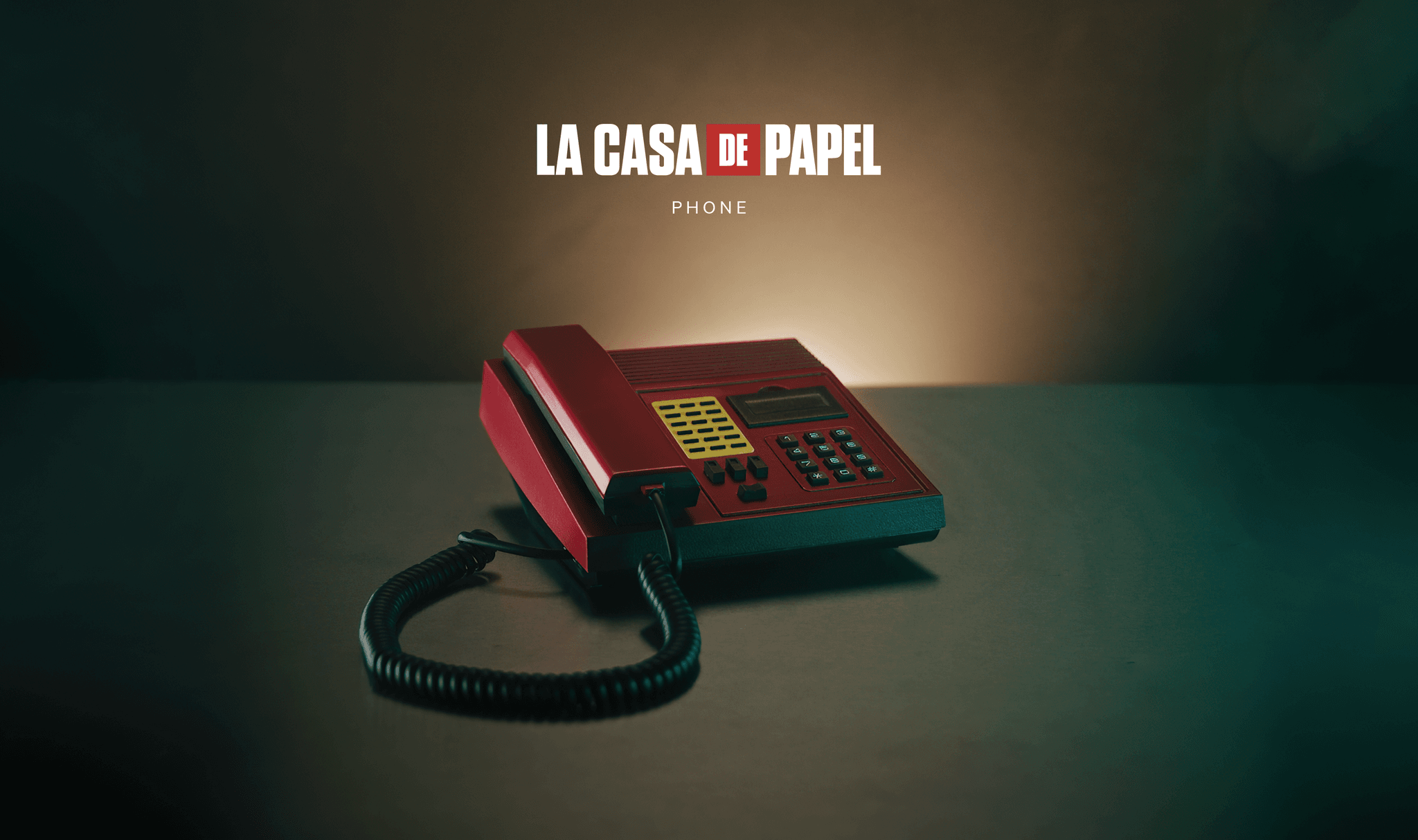 Red old-school telephone on a dark table with a coiled cord, "La Casa de Papel" title centered above. This is the same telephone from the show "La Casa de Papel".
