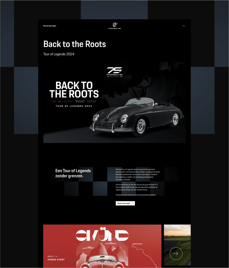 Website hero for Back to the Roots Tour of Legends 2024 showing a classic black Porsche convertible on a dark background.