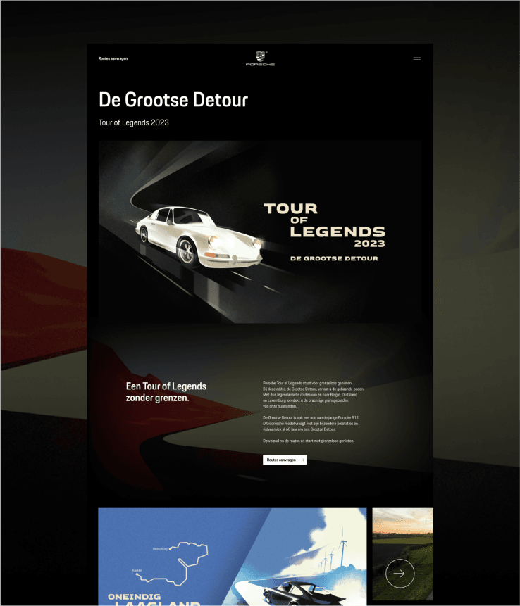 Webpage hero titled "De Grootse Detour — Tour of Legends 2023" featuring a white vintage sports car illustration on a dark road backdrop.
