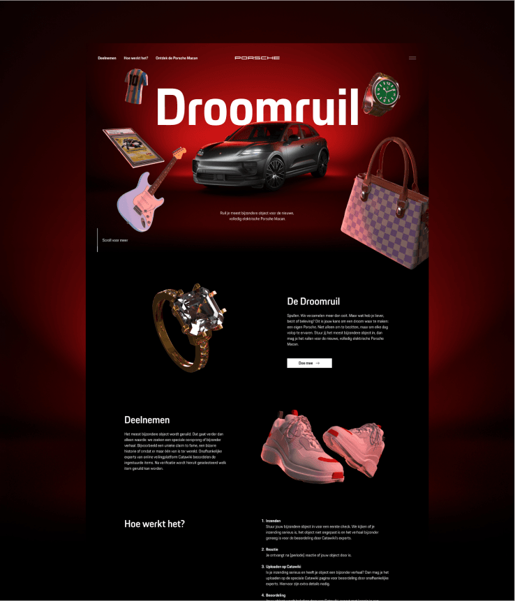 Web page banner 'Droomruil' showing a Porsche SUV centered, surrounded by luxury items: watch, handbag, ring, shoes, guitar on a red background.