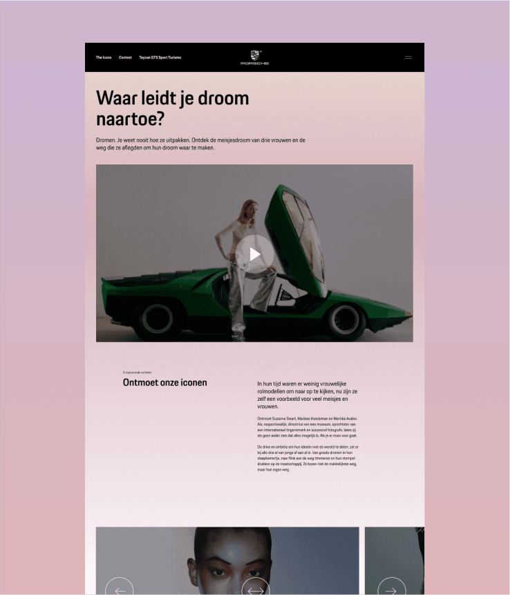 Webpage with Dutch headline "Waar leidt je droom naartoe?" showing a video thumbnail of a woman beside a green vintage sports car with its upward-opening door.