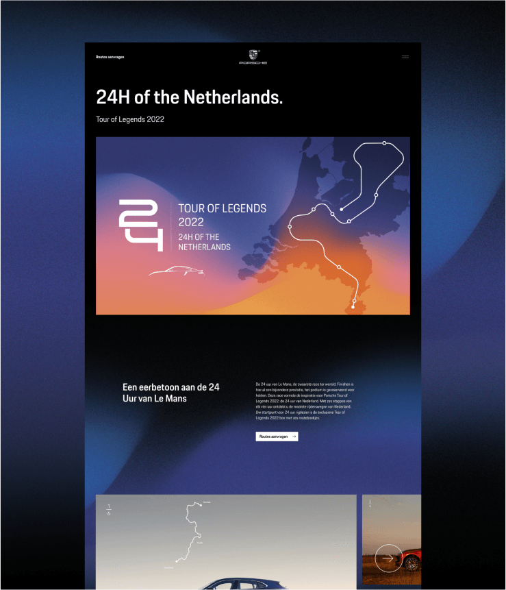 Website hero for '24H of the Netherlands — Tour of Legends 2022' featuring a stylized Dutch racetrack map, sunset gradient and car silhouette.