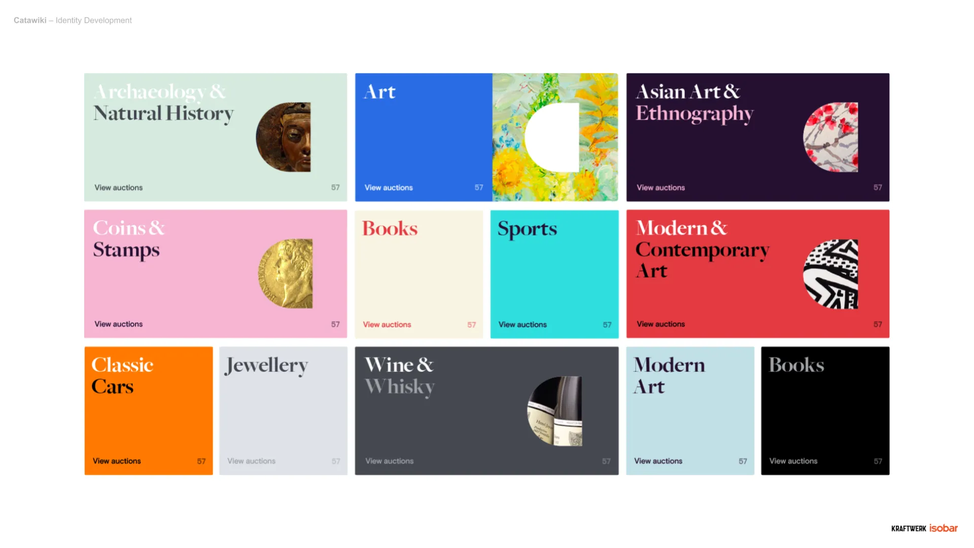 Grid of colorful rectangular auction category tiles on a website, showing labels like Art, Asian Art, Coins & Stamps, Books, Sports, Classic Cars.