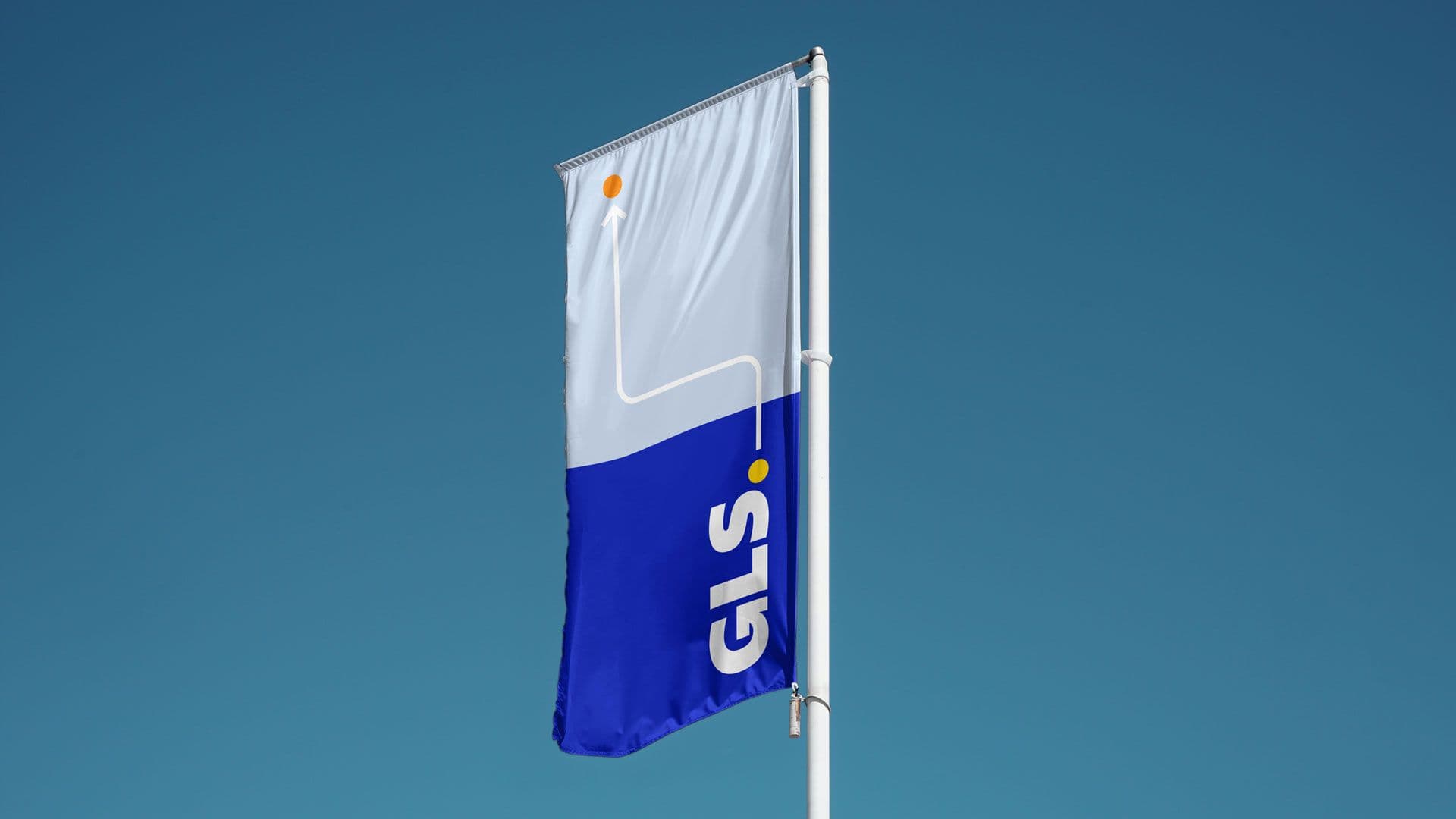 A white and blue vertical banner hanging from a white flagpole against a clear blue sky. The banner features the GLS logo at the bottom and a white line that travels upward, ending in an orange dot.