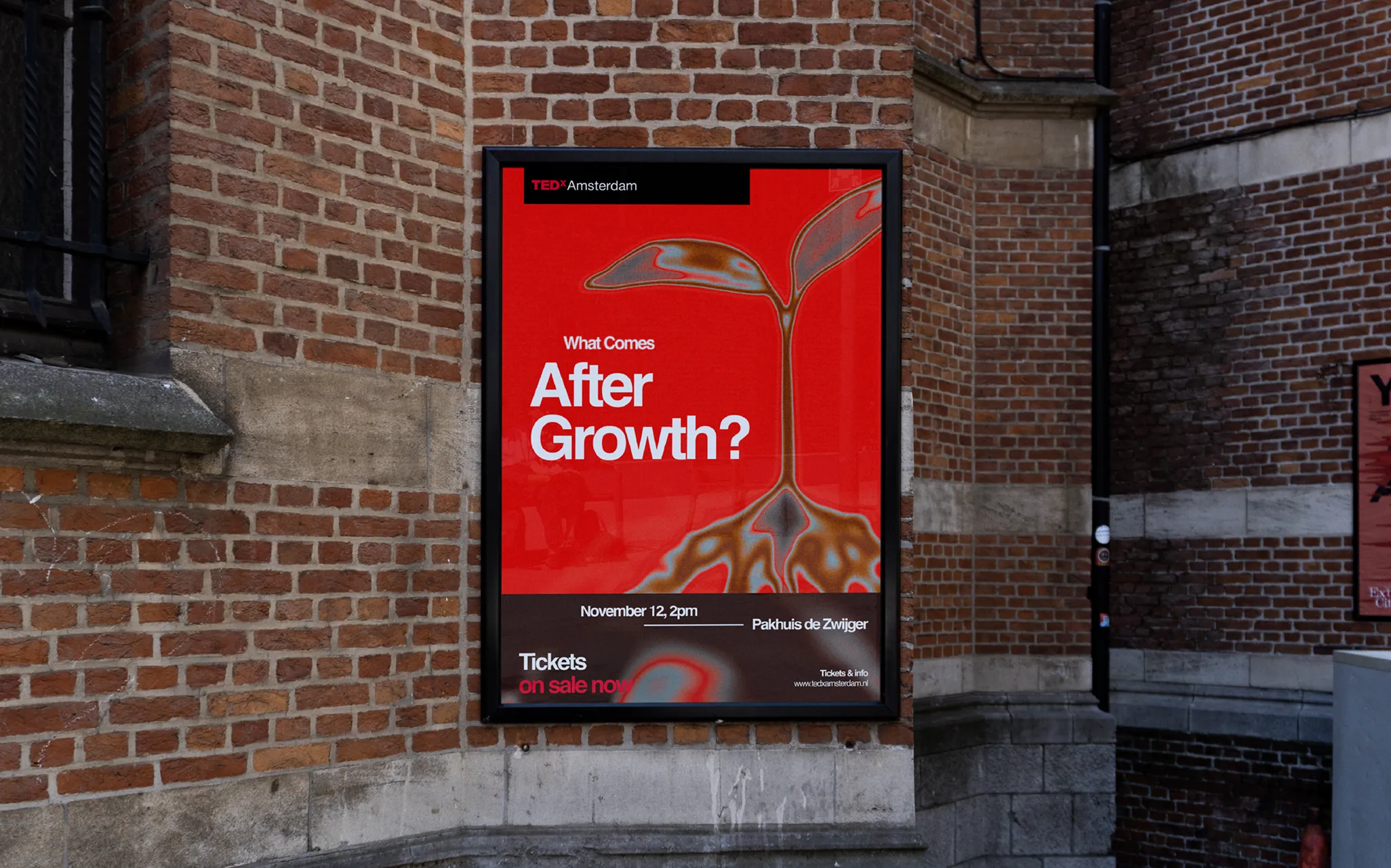 A red poster on a brick wall advertising a TEDxAmsterdam event titled "What Comes After Growth?" with details for November 12 at 2pm.