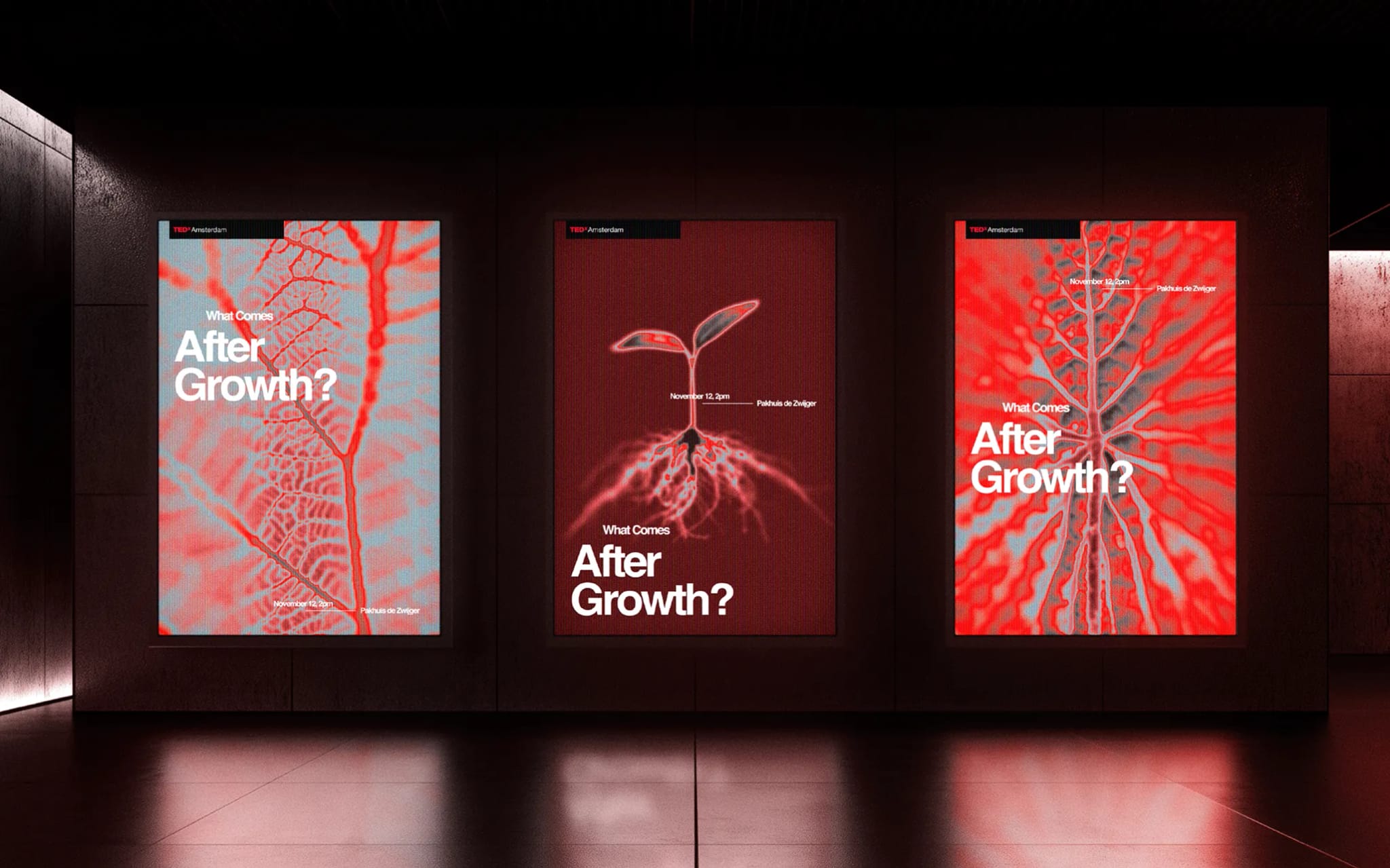 Three red and blue digital posters with the text "What Comes After Growth?" and plant imagery in a dimly lit room.