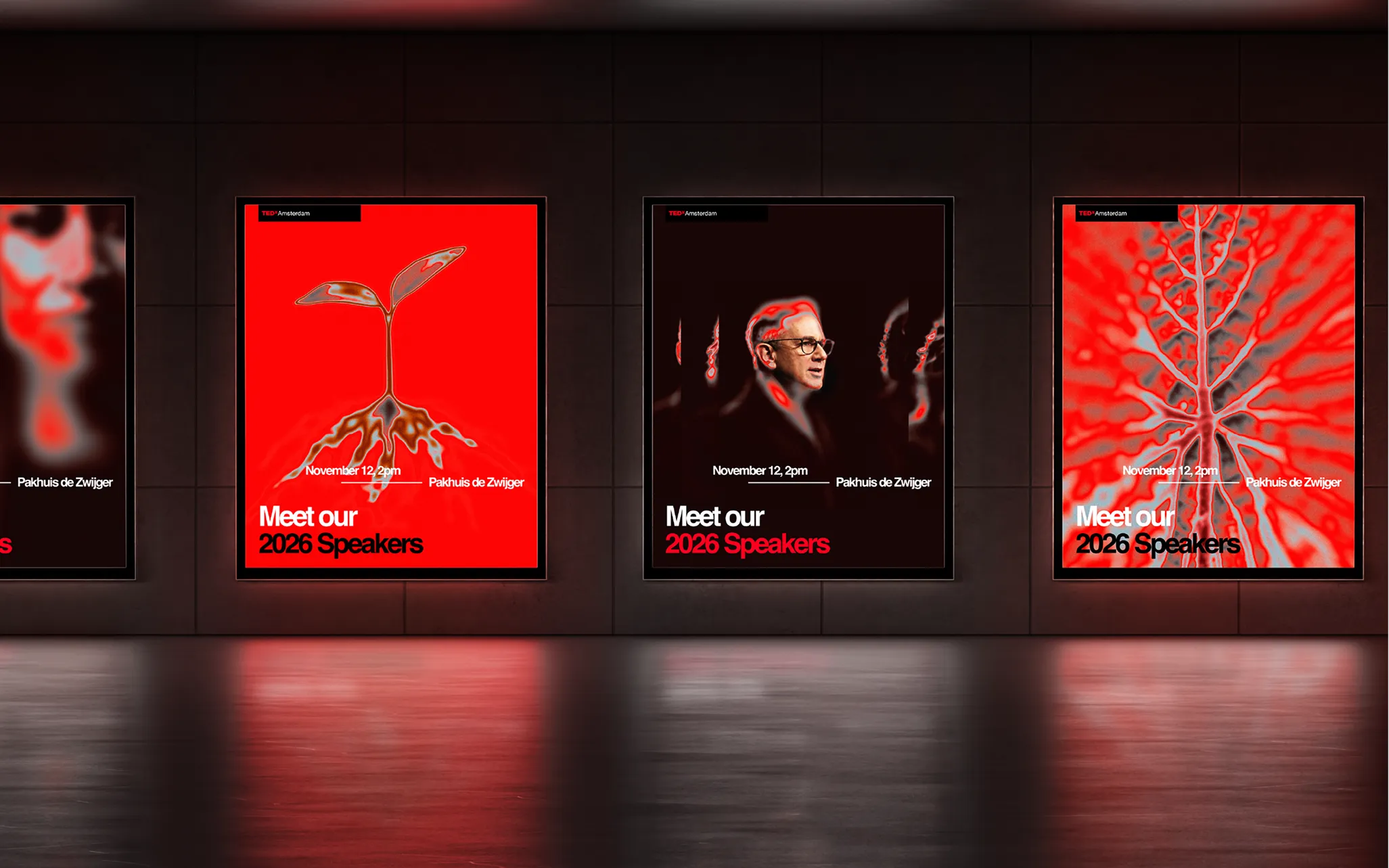 Four vibrant posters on a wall promoting the "Meet our 2026 Speakers" event at Pakhuis de Zwijger, featuring abstract art and portraits.
