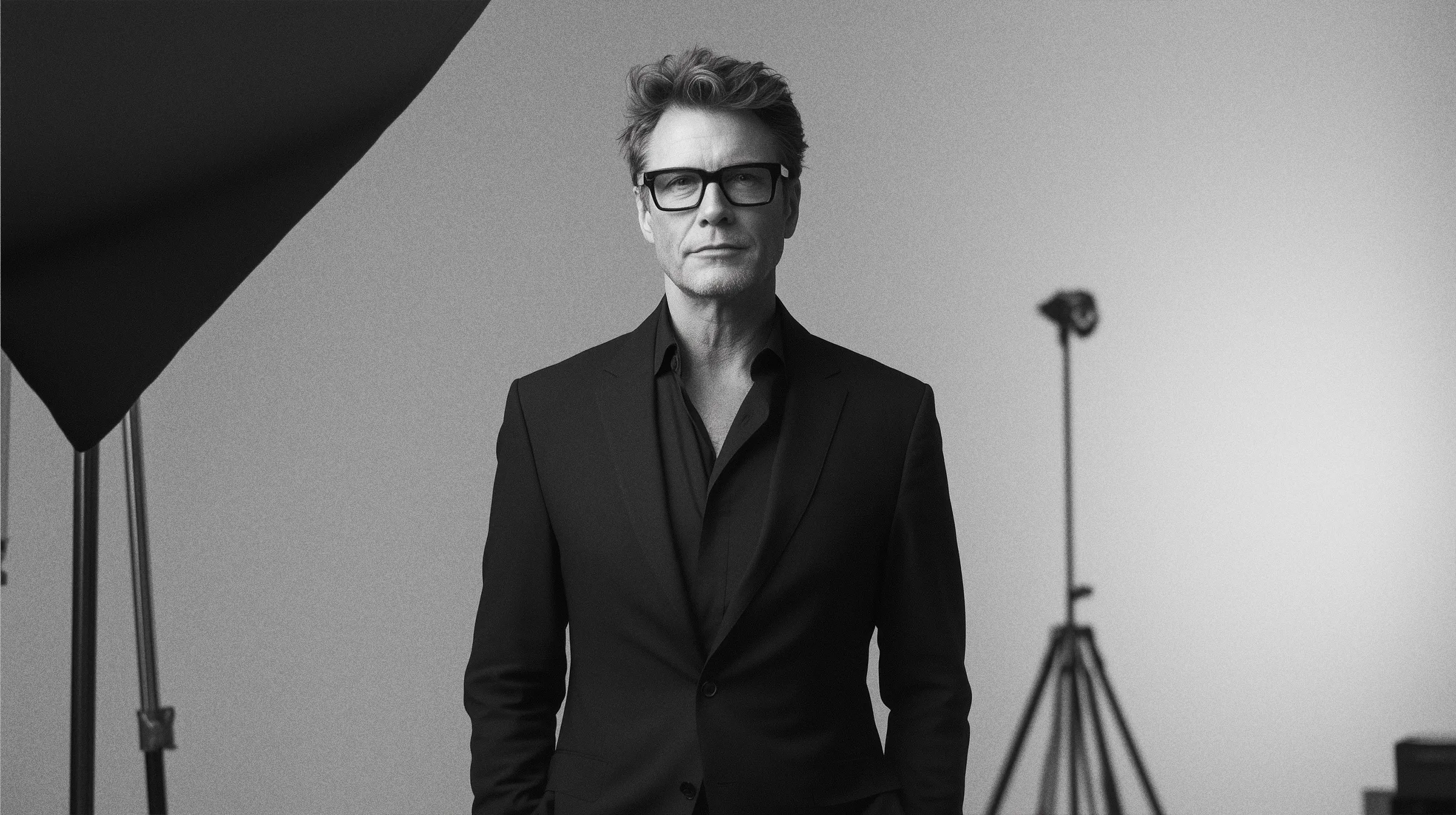 Monochrome, straight-on medium shot of an intensely serious-looking man (still the executive creative director, but now he's really feeling the weight of the market) in a dark, impeccably tailored suit, over a slightly unbuttoned dark shirt (for that 'approachable' edge). He's wearing the same signature bold glasses and staring directly into the camera lens, perhaps assessing Q4 projections. In the background, there's a seamless white backdrop and the unmistakable, casually visible silhouette of studio lighting equipment, subtly reminding us this is a professional operation, not just a casual snap. Minimalist, serious, and ready for the annual report.