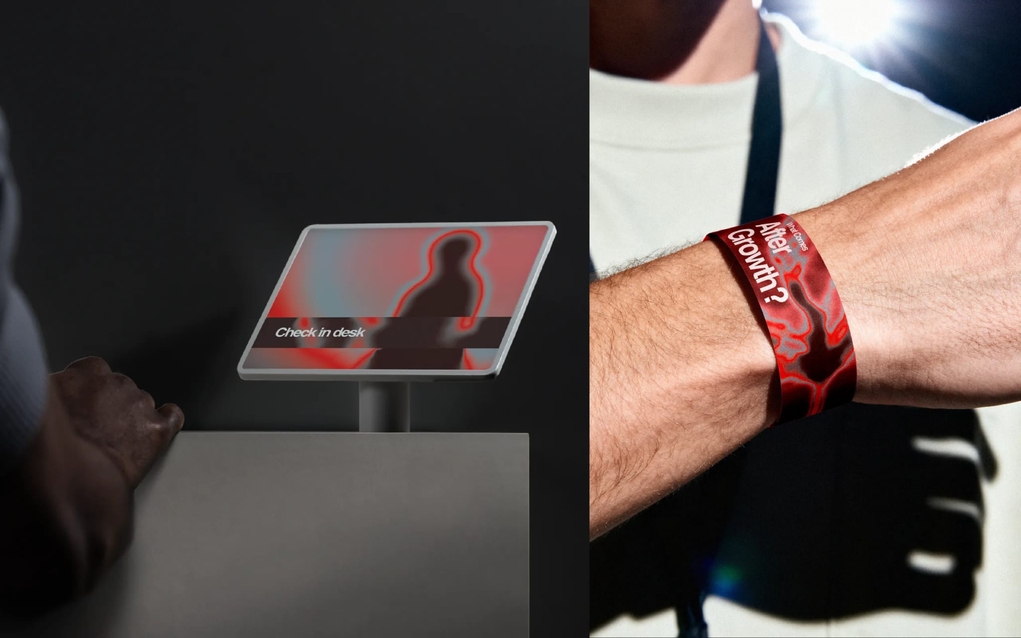 Close-up of a person's wrist wearing a red wristband with white text next to a digital check-in screen showing a red silhouette.