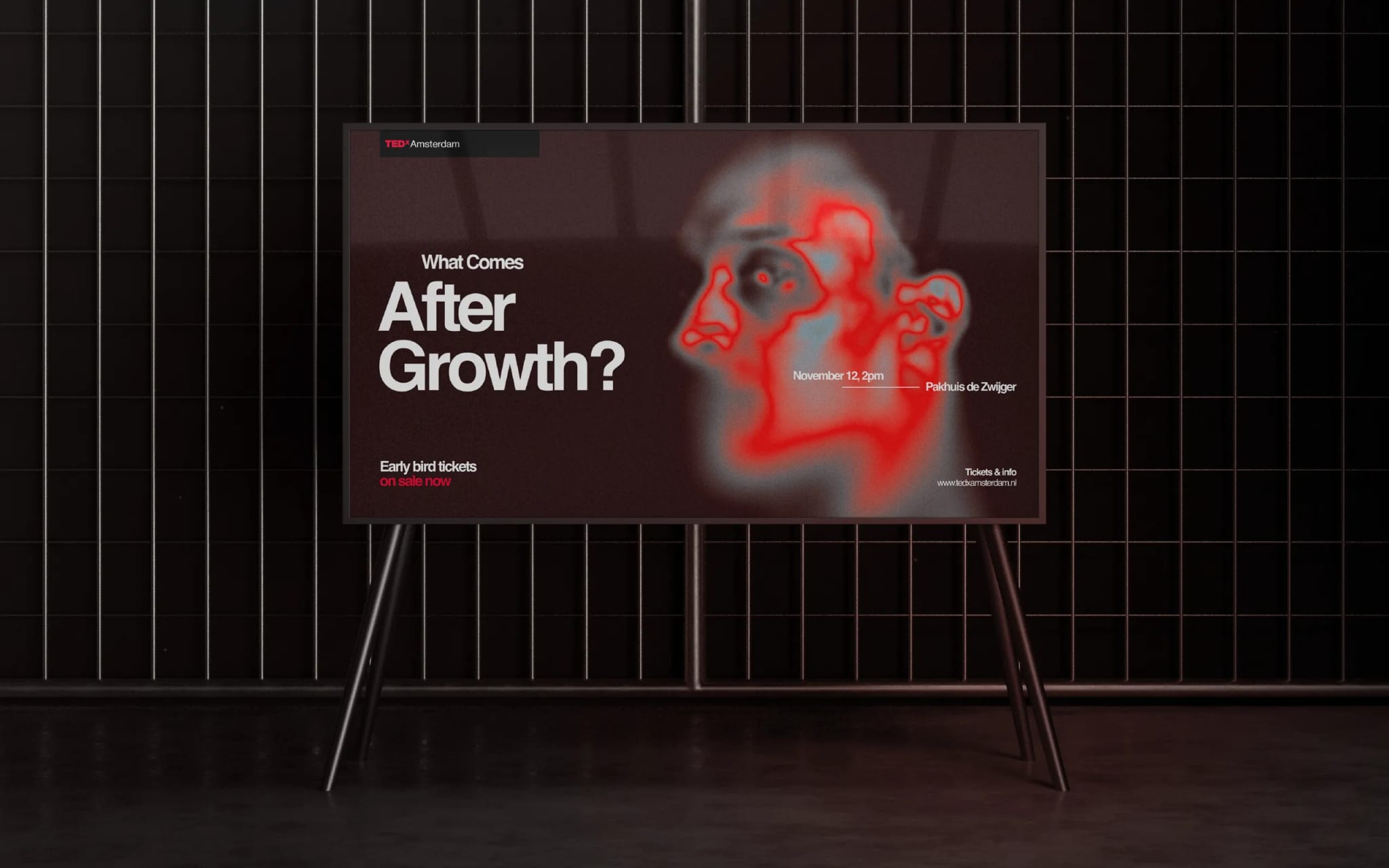 A digital poster with "What Comes After Growth?" and a stylized face outline, advertising a TEDxAmsterdam event on November 12 at Pakhuis de Zwijger.