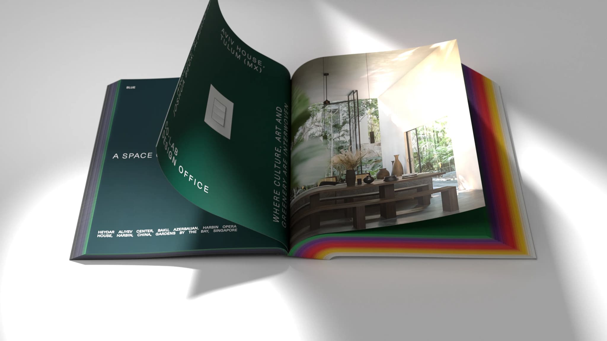Open book displaying a modern interior design with a large window and greenery outside. Text includes "A Space" and "Co-Lab Design Office."